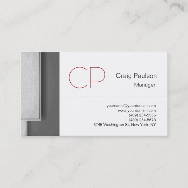 Trend Red Gray Strip White Monogram Business Card Visitenkarte (Vorderseite)