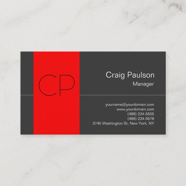 Trend Red Stripe Dark Gray Monogram Business Card Visitenkarte (Vorderseite)
