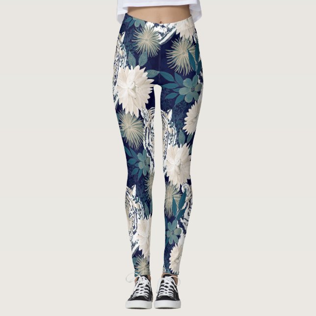 Trendblau Tiger Animal Watercolor Blumendesign Leggings (Vorderseite)