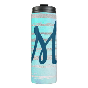 Trendblau und silber Monogramm Thermosbecher