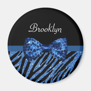 Trendblau Zebra Print IMITATE Glitz Bow mit Namen Magnet