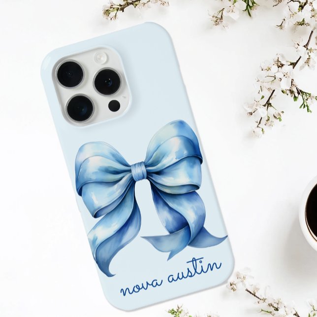 Trendblauer Bow Personalisiert mit Name Monogram iPhone Hülle (Von Creator hochgeladen)