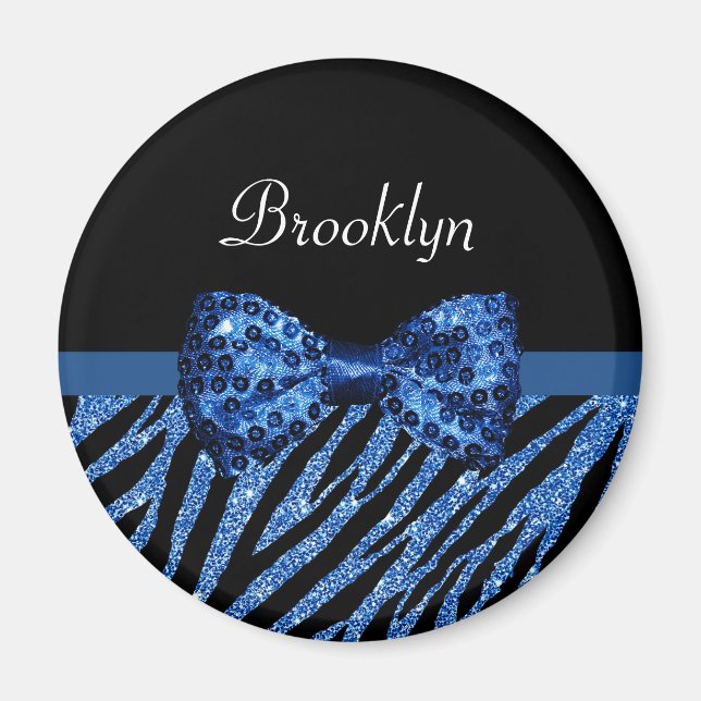 Trendblue Zebra Print IMITATE Glitz Bow mit Namen Magnet (Vorne)