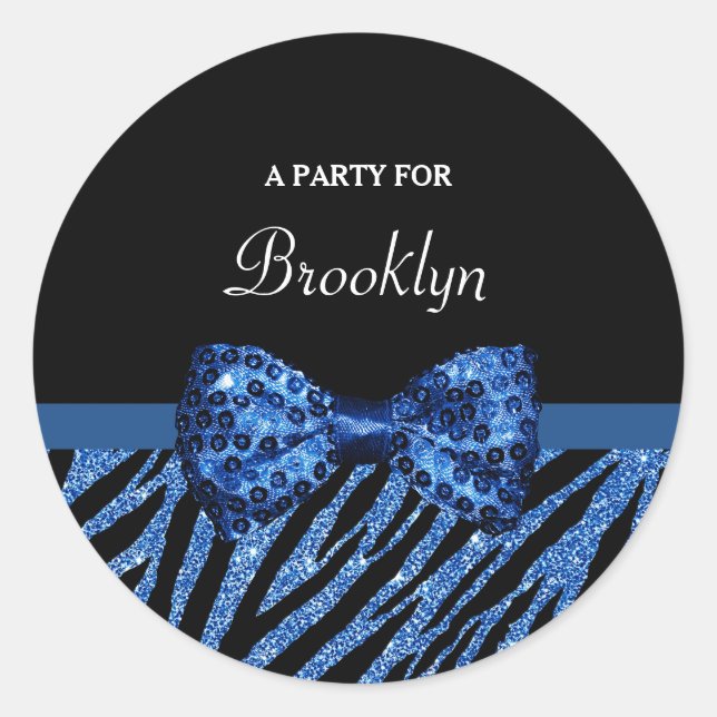 Trendblue Zebra Print IMITATE Glitz Bow mit Namen Runder Aufkleber (Vorderseite)