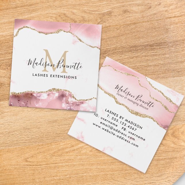Trendblush Pink Gold Glitzer Agate Monogram Quadratische Visitenkarte (Von Creator hochgeladen)