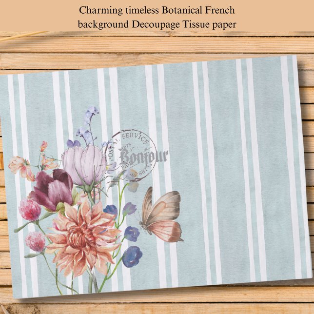 Trendfarbene, florentrippte Decoupage Blue Seidenpapier (Charming timeless botanical french decoupage tissue paper. Watercolor flowers with blue stripes.)