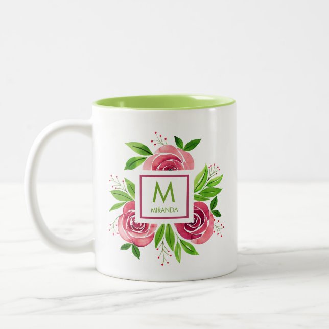 Trendfarbene, heiß rosa Rose und Limone Monogramme Zweifarbige Tasse (Links)