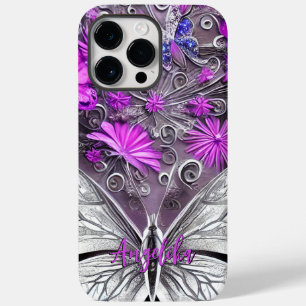 Trendfarbene Lila und silberne Blütenschmetterling Case-Mate iPhone 14 Pro Max Hülle