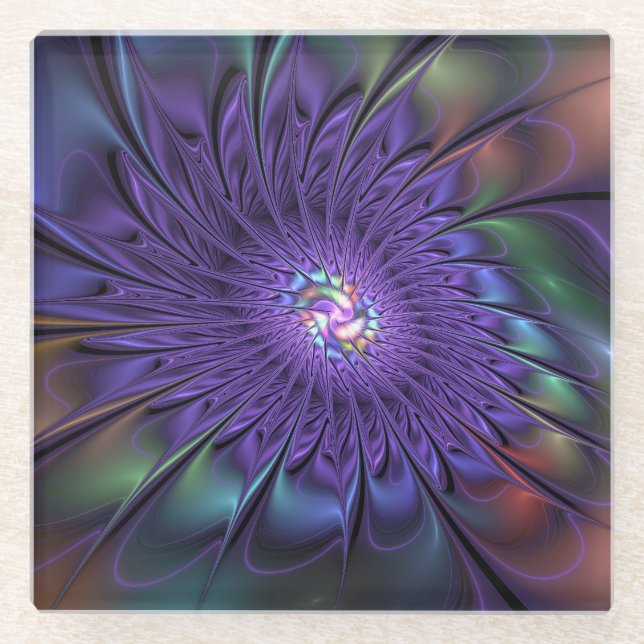 Trendfarbene Moderne Abstrakte Fraktal Blume Glasuntersetzer (Vorderseite)