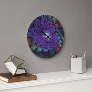 Trendfarbene Moderne Abstrakte Fraktal Blume Große Wanduhr
