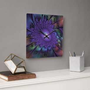 Trendfarbene Moderne Abstrakte Fraktal Blume Quadratische Wanduhr