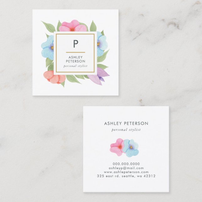 Trendfarbene Niedliche Aquarellfarbe Rosa Blume Mo Quadratische Visitenkarte (Vorne/Hinten)