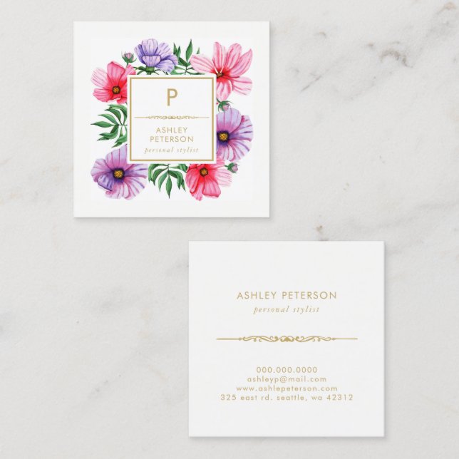 Trendfarbene Niedliche Aquarellfarben, goldfarbene Quadratische Visitenkarte (Vorne/Hinten)