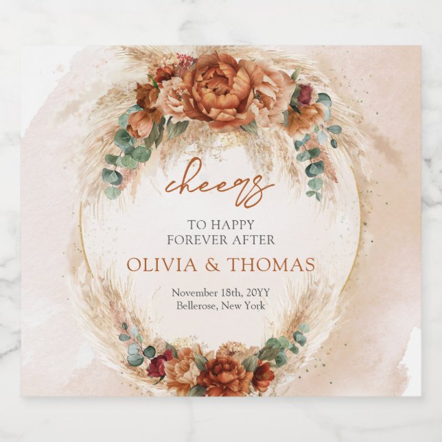 Trendfarbene Terracotta rosty burgundy pampas Alkoholflaschenetikett (Einzelnes Label)