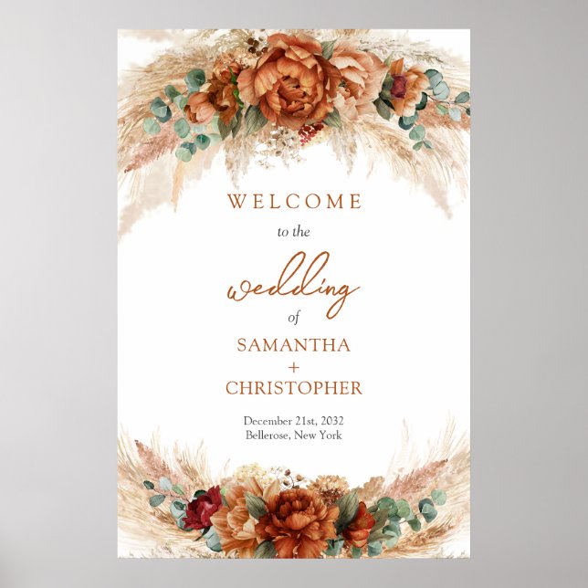 Trendfarbene Terracotta Salbei Pampas Willkommen Poster (Vorne)