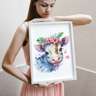 Trendfarbener Bauernhof Kuh und Wildblumen Kinderz Poster