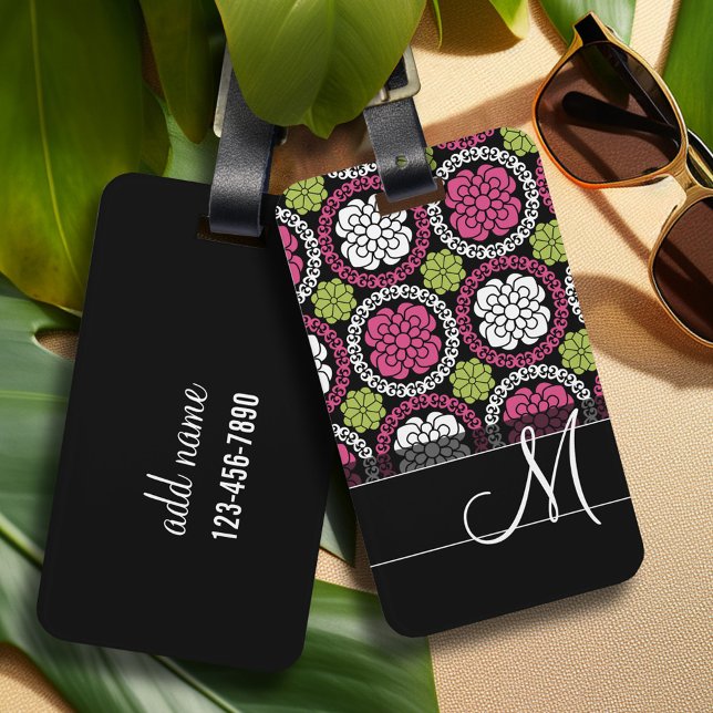 Trendfarbenes Muster (Hot Pink und Black Monogram) Gepäckanhänger (Personalized Luggage Tag)