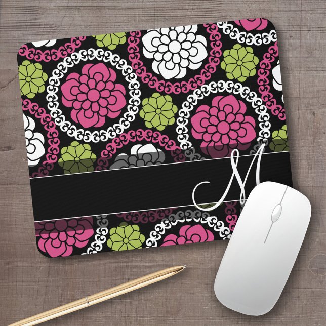Trendfarbenes Muster (Hot Pink und Black Monogram) Mousepad (Personalized mousepad - add your photos and custom text)