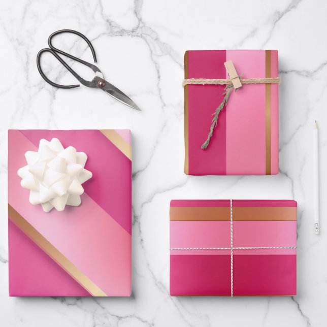 Trendfarbenes Rosa und Gold Geschenkpapier Set (Vorderseite)