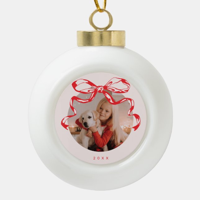 Trendfarbenes Schleifenbogen Foto Holiday/Christma Keramik Kugel-Ornament (Vorderseite)