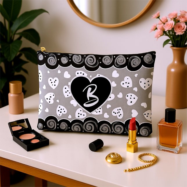 Trendfarbenes und silberes Herz mit Punkten und Wi Zubehörtasche (Classy black & white custom hearts and twirls for that special woman in your life.)