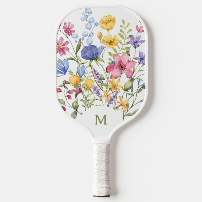 Trendfarbige Wildblumen mit Monogramm Pickleball Schläger (Vorderseite)