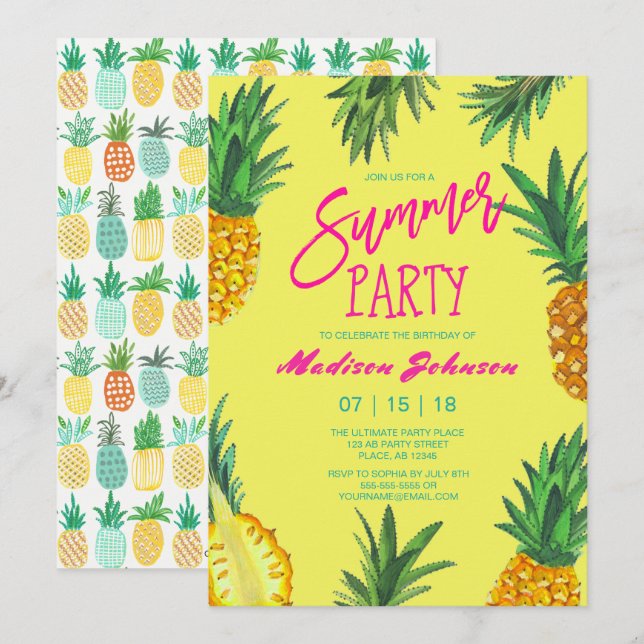 Trendgelbes Summer Party | Ananas Einladung (Vorne/Hinten)