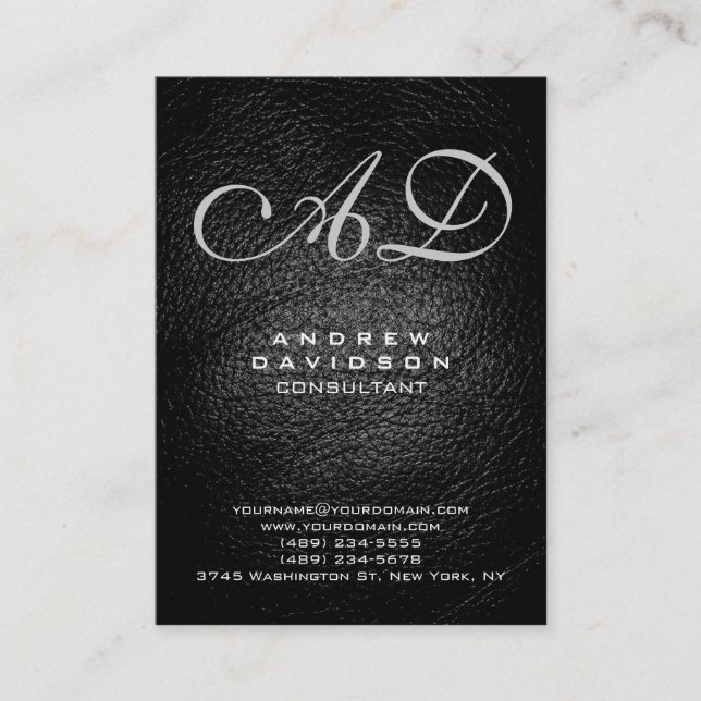 Trendgraue Black Leather Monogram Business Card Visitenkarte (Vorderseite)