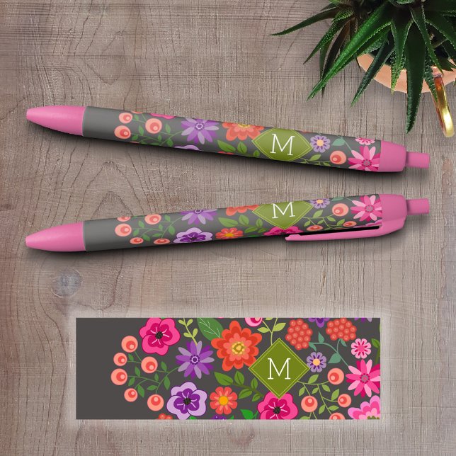 Trendgraues, florales Muster mit benutzerdefiniert Kugelschreiber (Personalized Writing Pens - add your name, monogram or other text)