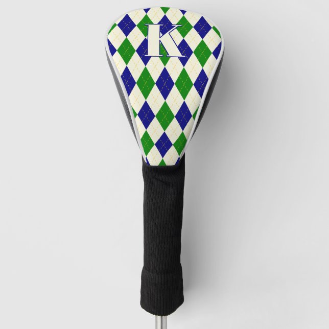 Trendgrüne blaue Raute Muster Modernes Monogramm Golf Headcover (Vorderseite)