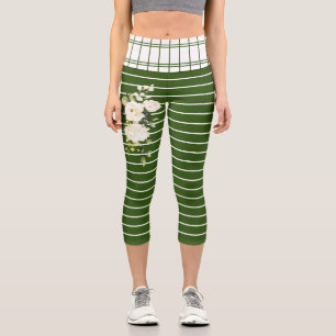 Trendgrüne Streifen mit weißem Blumenmuster Capri Leggings