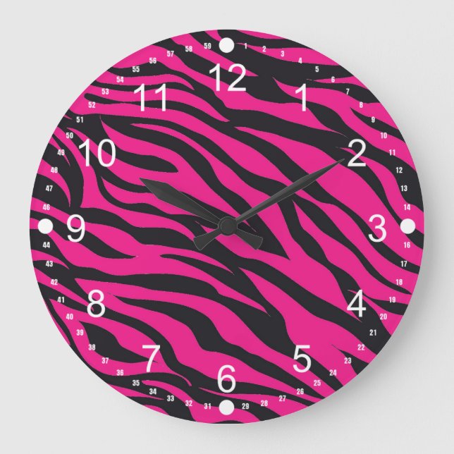 Trendhot Pink Fuchsia Black Zebra Stripes Print Große Wanduhr (Vorderseite)