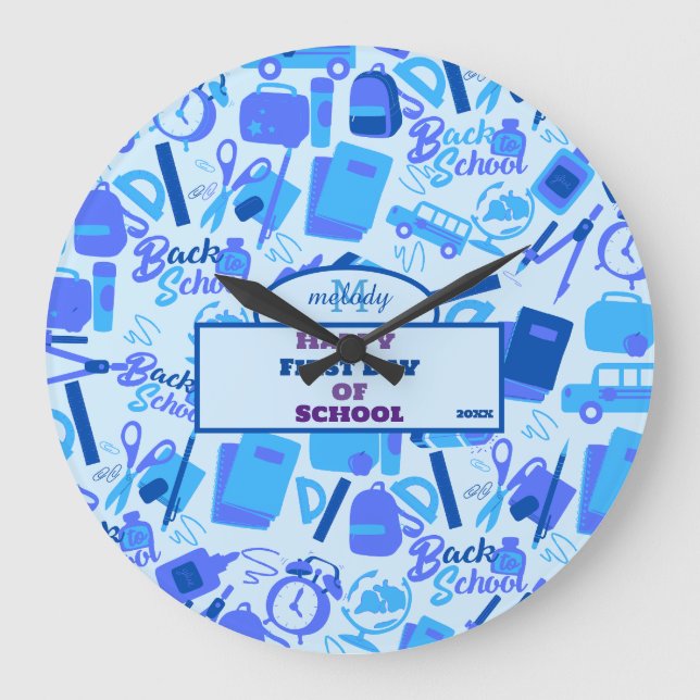 trendig blau anpassbar zurück in das Schulmuster Große Wanduhr (Vorderseite)