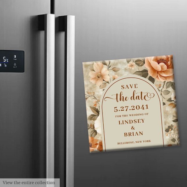 Trendig Boho Rost Beige Oliv Blumen Hochzeitseinla Magnet (Trendy Boho Rust Beige Olive Floral Save the Date)