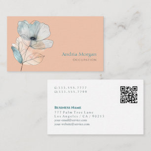 Trendige Aquarell-Blume, Name, QR-Code, Pfirsich Visitenkarte