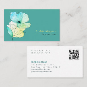 Trendige Aquarell-Blume, Name, QR-Code, Türkis Visitenkarte