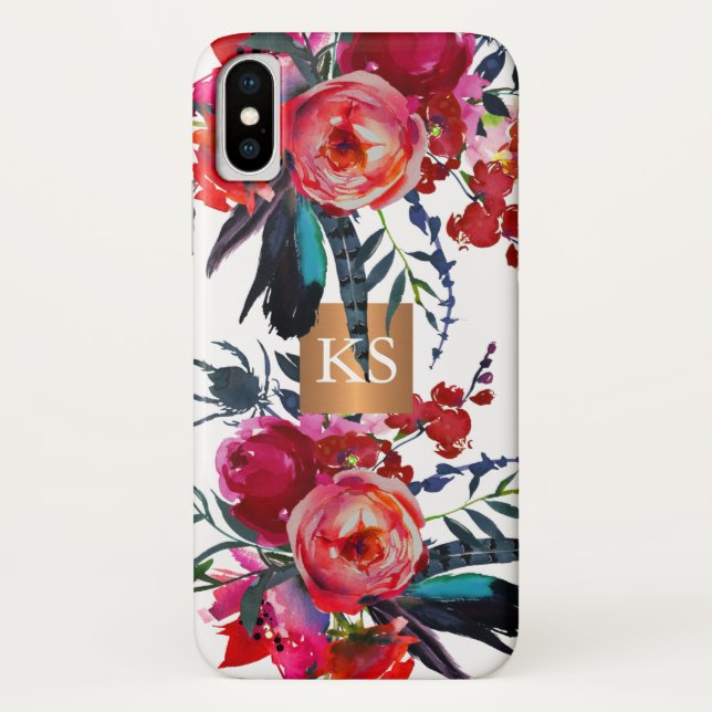 Trendige Aquarellbäume metallisches Kupfermonogram Case-Mate iPhone Hülle (Rückseite)