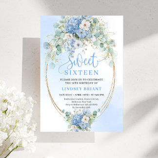 Trendige Blaue Hortensie Goldrahmen 16. Geburtstag Einladung