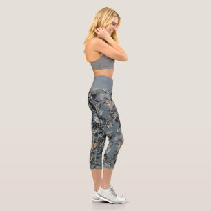 Trendige Blaugraue Botanische Dschungel Aktivkleid Capri Leggings