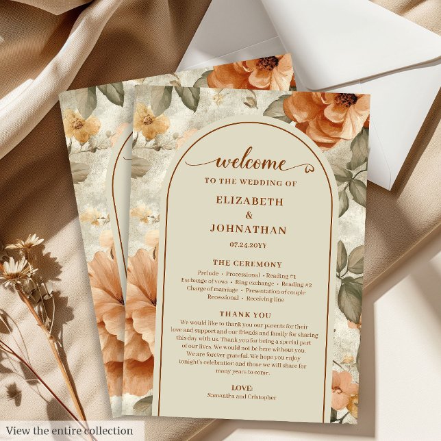 Trendige Boho-Kupfer-Elfenbein-Olive-Sage-Blumenho Programm (Trendy Boho Copper Ivory Olive Floral Wedding Program)