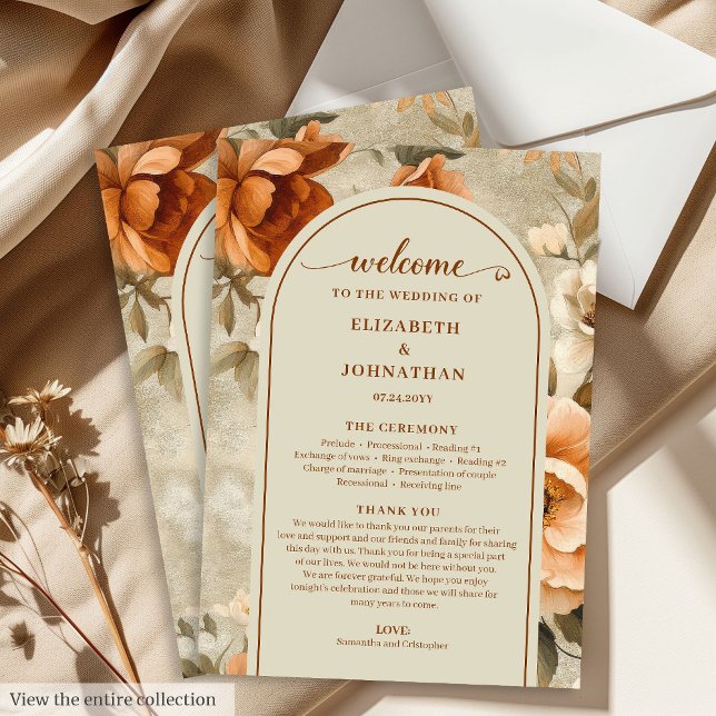 Trendige Boho verbrannte Orange Elfenbein Salbei B Programm (Trendy Boho Burnt Orange Ivory Sage Floral Wedding Program

)