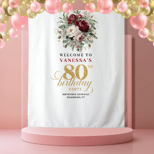 Trendige Burgunder Blumen 80. Geburtstagsrückwand Wandteppich