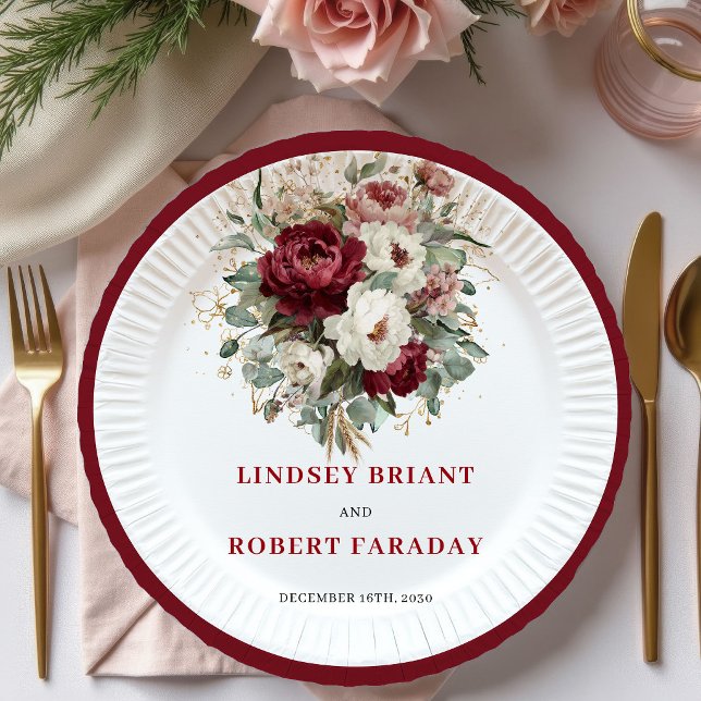 Trendige Burgunder Blumen Boho Gold Papier Teller (Trendy Burgundy Floral Bohemian Gold Paper Plates)