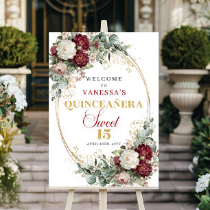 Trendige Burgunder Florale Eukalyptus Quinceanera- Poster