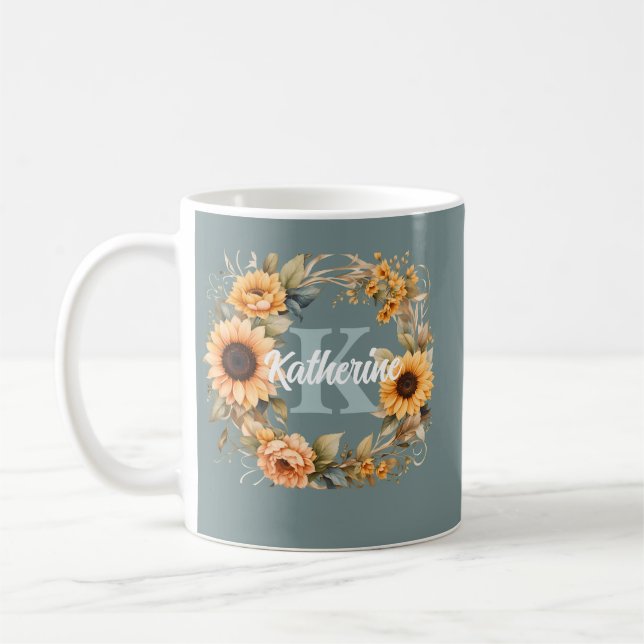 Trendige Elegante Aquarellfarben-Blume Monogramm Kaffeetasse (Links)