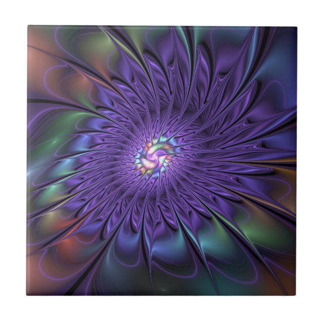 Trendige farbenfrohe moderne abstrakte Fraktalblum Fliese (Vorderseite)