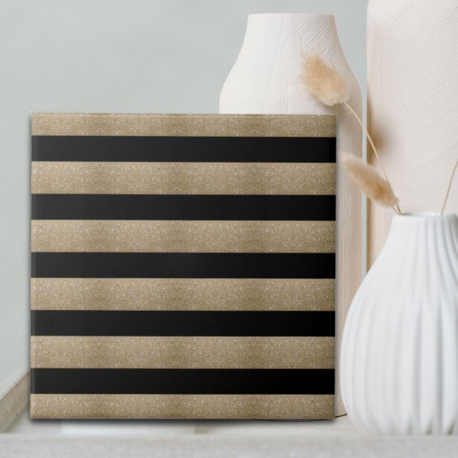 trendige, geometrische Streifen aus schwarz und go Fliese (trendy stylish geometric black and gold stripes ceramic tile)