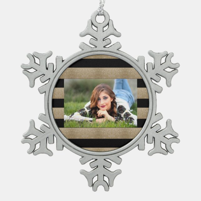 trendige, geometrische Streifen aus schwarz und go Schneeflocken Zinn-Ornament (Vorderseite)