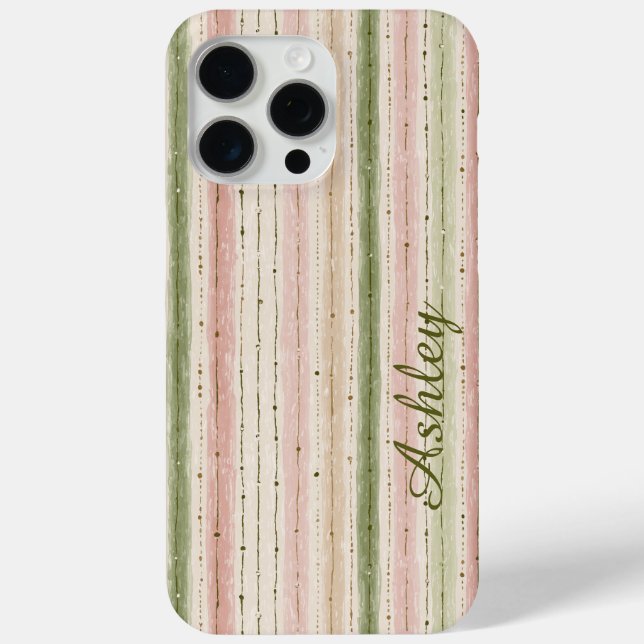 Trendige gestreifte rosa grüne Monogramm Case-Mate iPhone Hülle (Rückseite)