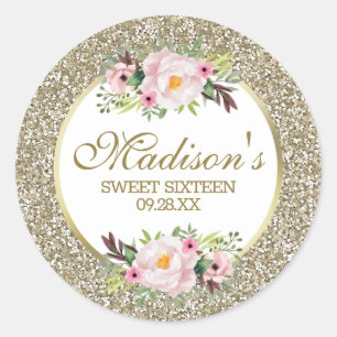 Trendige Glitter-Gold-Blumen-Süß-16 Runder Aufkleber